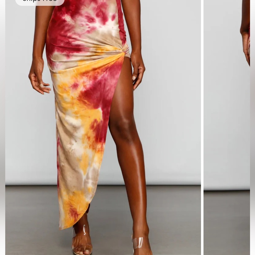 Windsor Golden Hour Tie-Dye Maxi Skirt pink orange cream high slit S